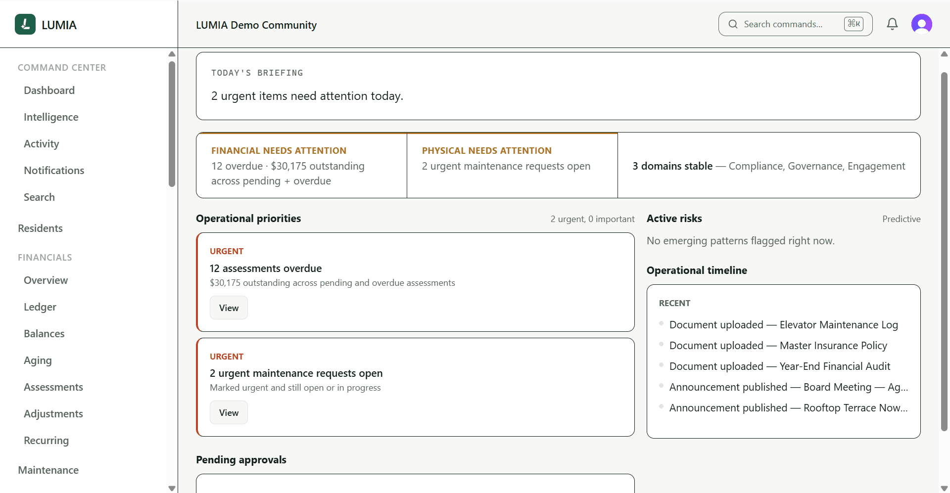 LUMIA admin Command Center dashboard showing today's briefing, operational priorities, and active risks