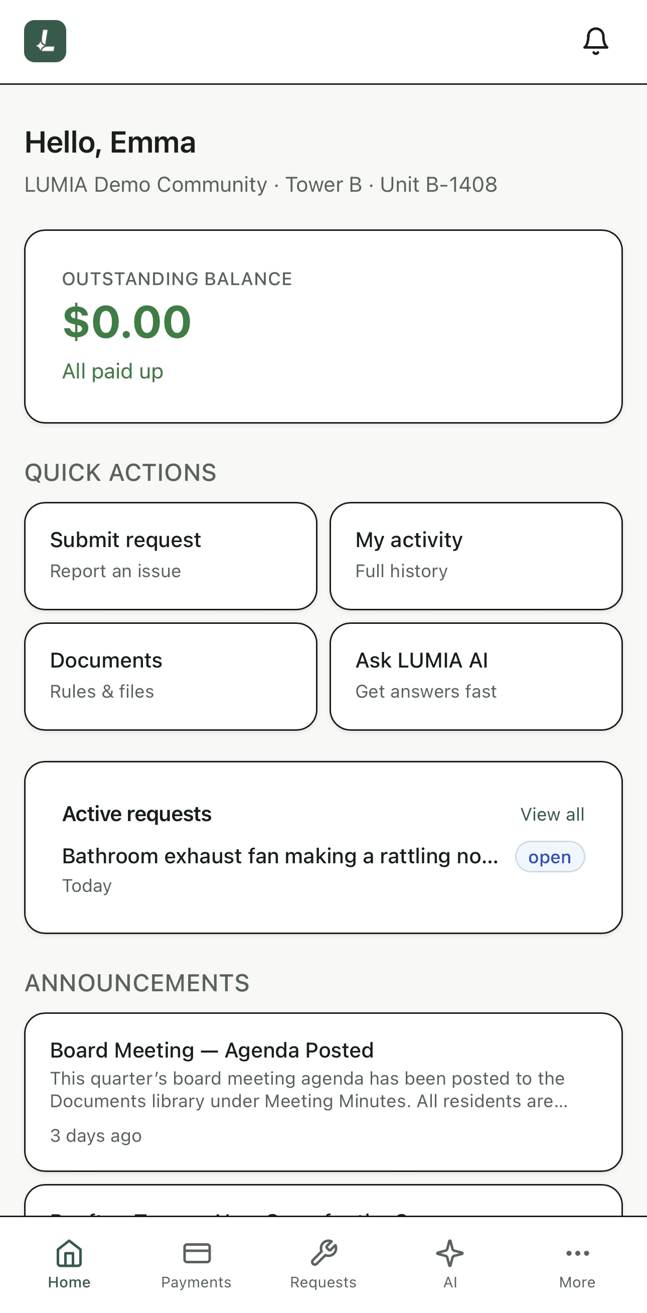 LUMIA resident home screen showing balance, quick actions, and community announcements