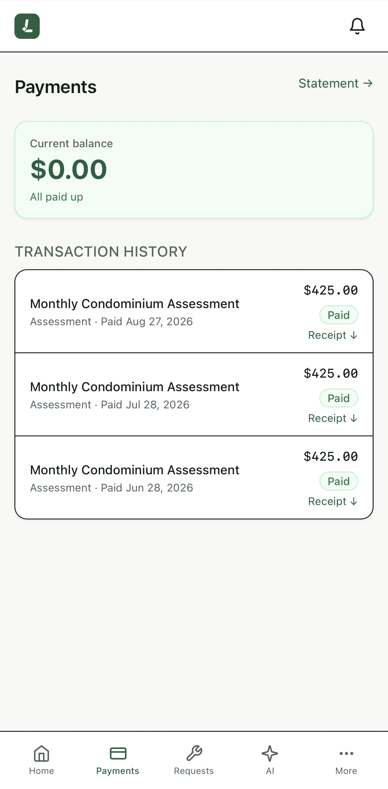 LUMIA resident payments screen showing current balance and statement access